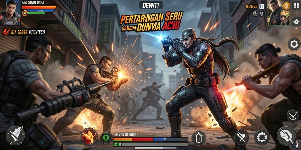 Tampilan penuh aksi dari DEWI11 saat karakter bertarung di arena.