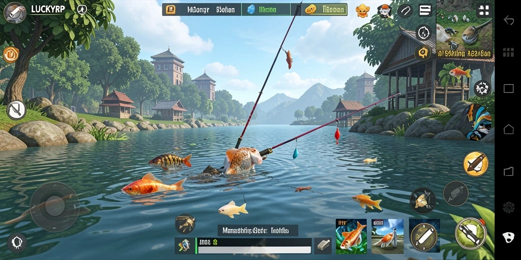 Screenshot utama LUCKYRP menampilkan gameplay seru saat memancing di laut.