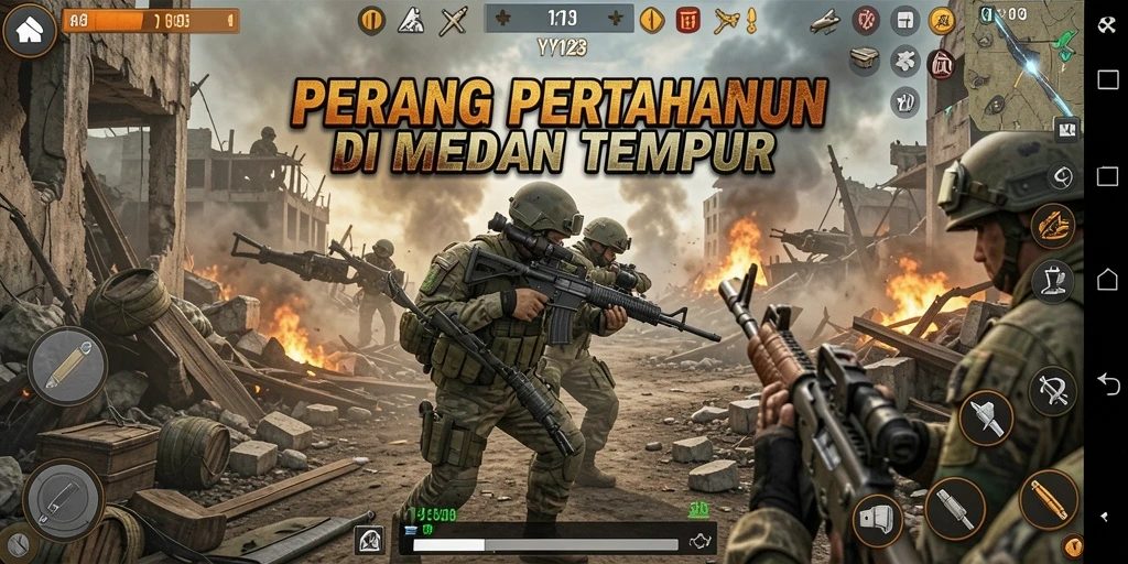 Screenshot YY123 menunjukkan gameplay Battle Royale yang dinamis dan mendebarkan.